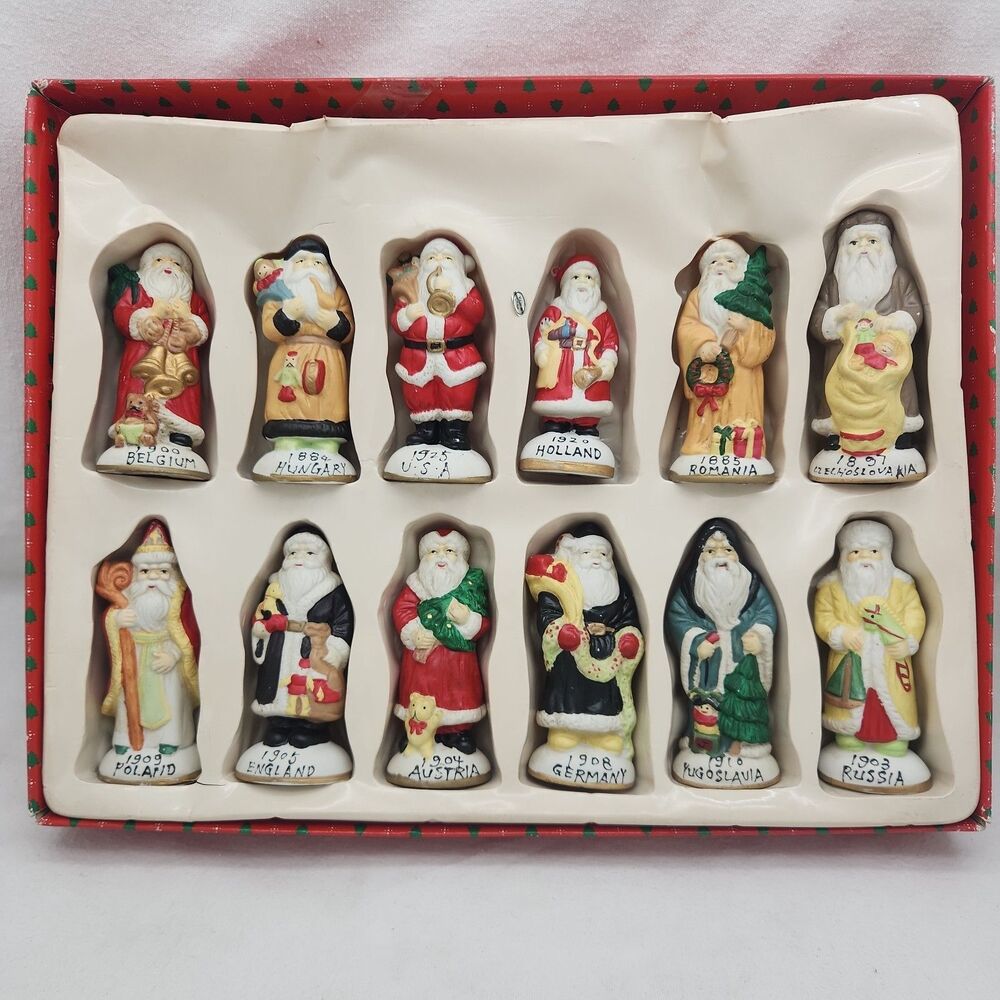 Figures Santas From Around The World Porcelain Set Of 12 W/Box Hand Painted VTG